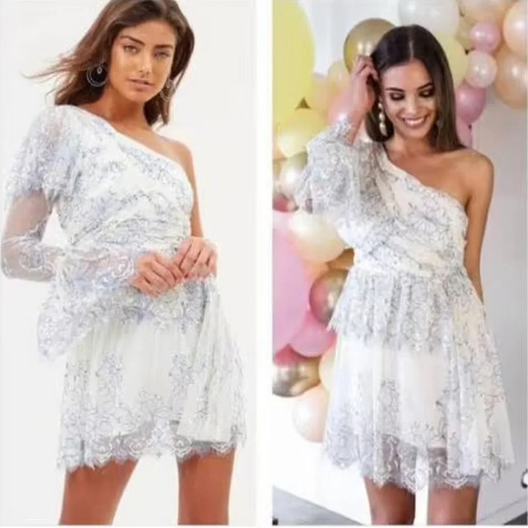 ALICE MCCALL || Isn’t She Lovely Blue and Cream Lace One Shoulder Mini Dress 2 - Picture 2 of 13